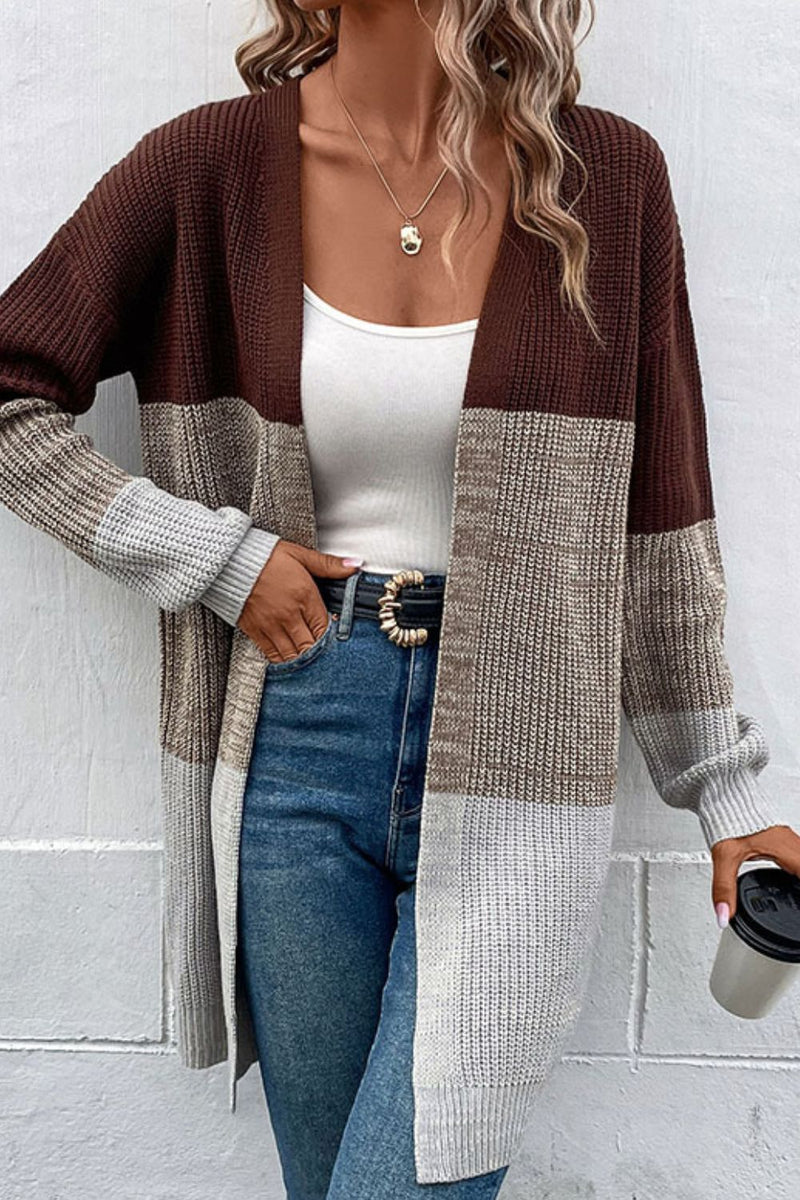 Cozy Color Block Rib-Knit Longline Cardigan