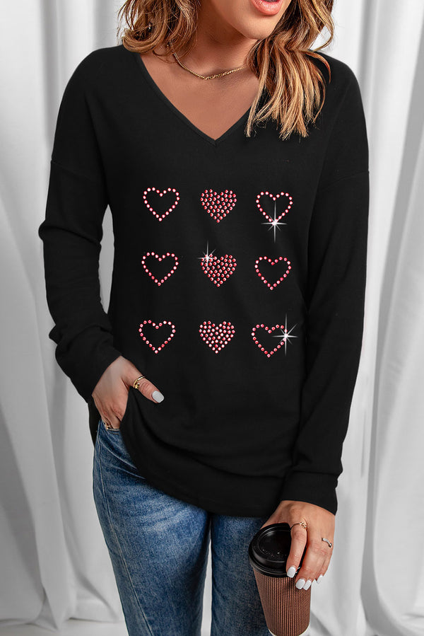 Studded Heart V-Neck Long Sleeve Top