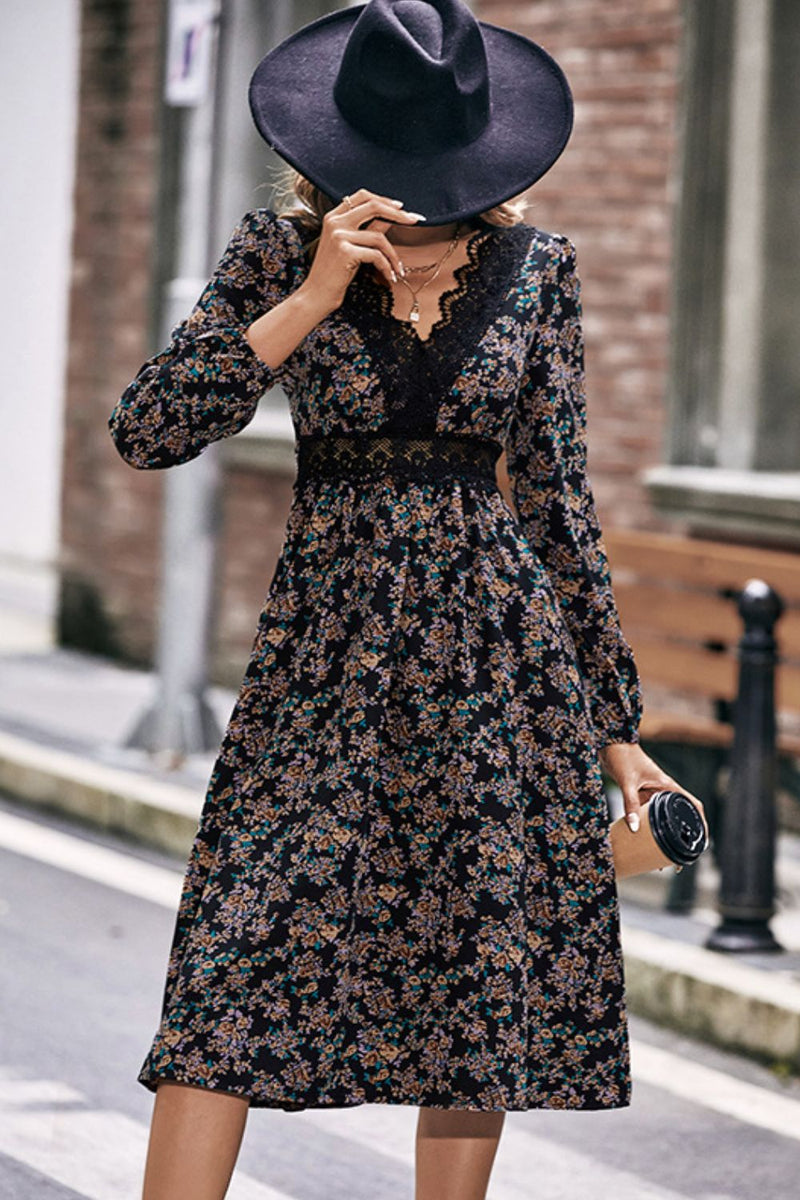 Felicity Floral Lace Trim Long Sleeve Dress