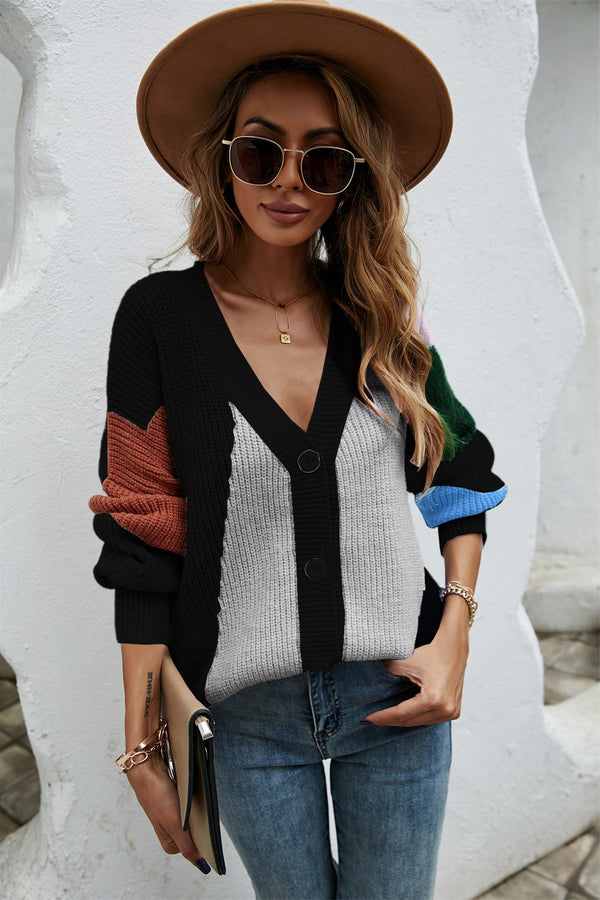 3 Colors | Contrast Button Front V-Neck Cardigan