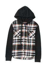 Plaid Contrast Drawstring Button Front Hoodie