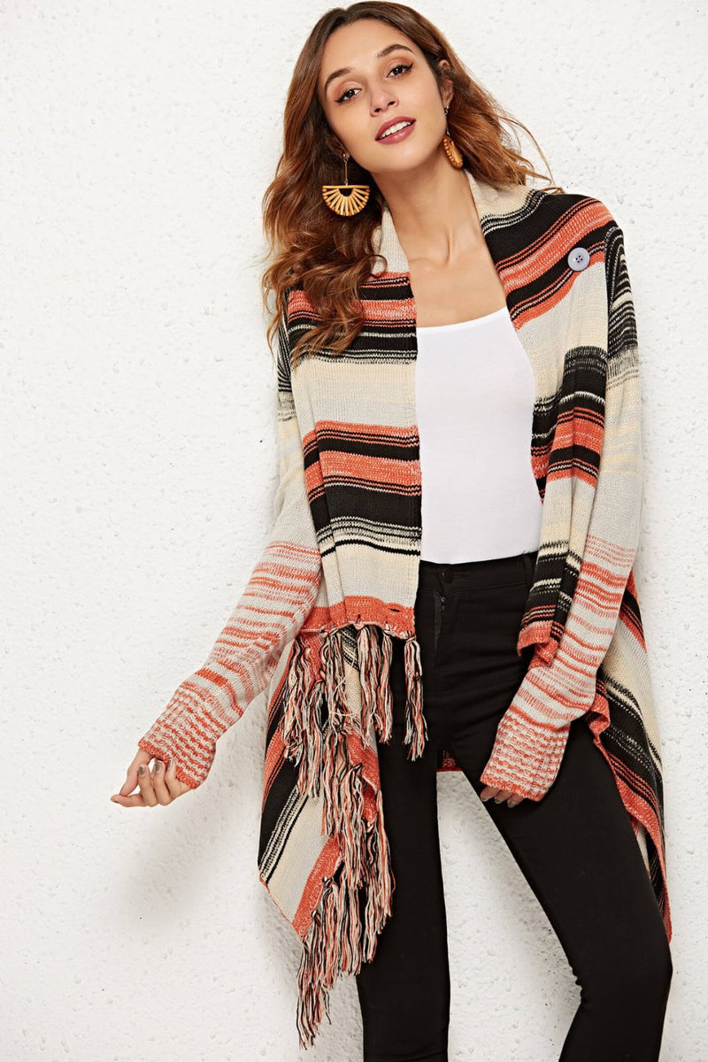 Striped Fringe Multi-Functional Cardigan