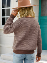 5 Colors | Chevron Ribbed Trim Dropped Shoulder Knit Pullover