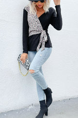 Leopard Waffle-Knit Tied Contrast Top