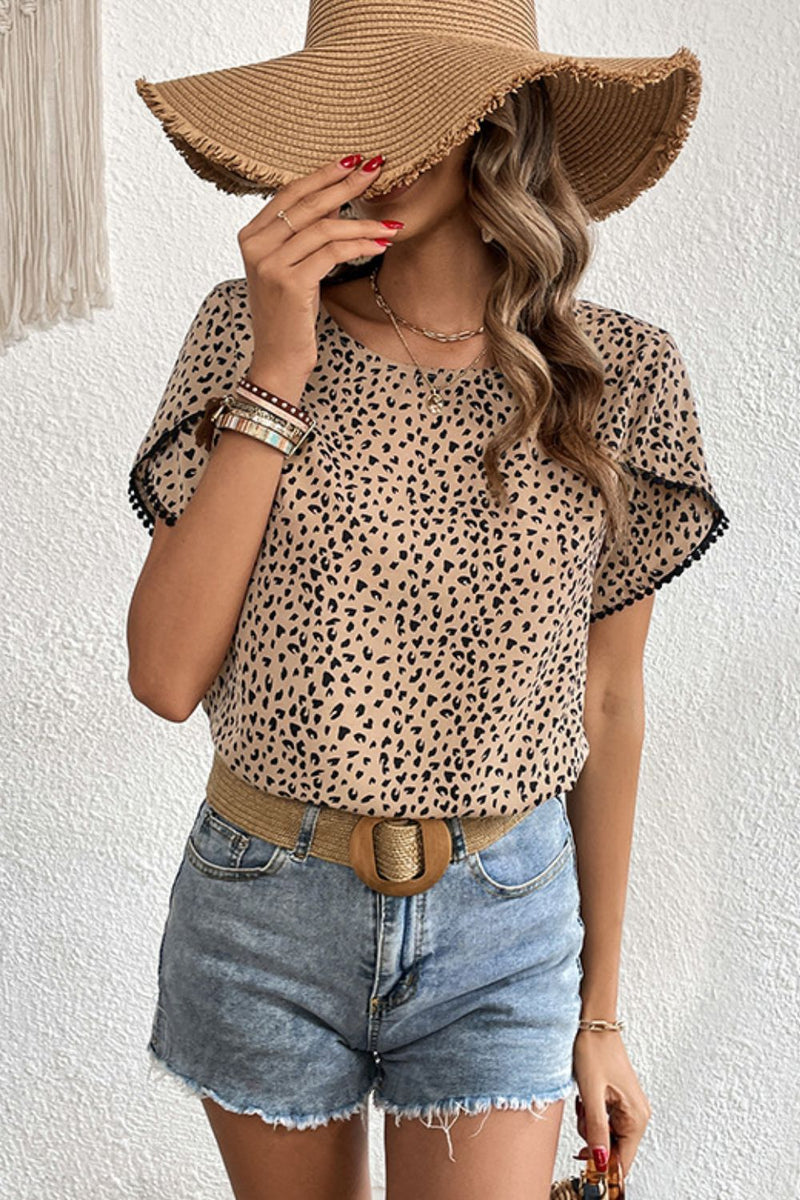 Pom Pom Petal Sleeve Leopard Blouse