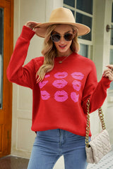 5 Colors | Lip Graphic Slit Dropped Shoulder Sweater