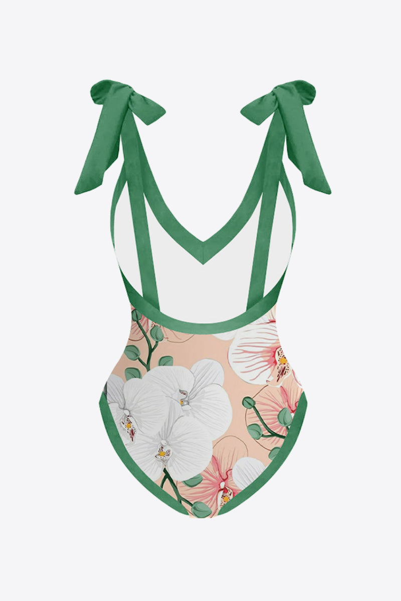 Green Floral One-Piece Swimsuit + Skirt Set