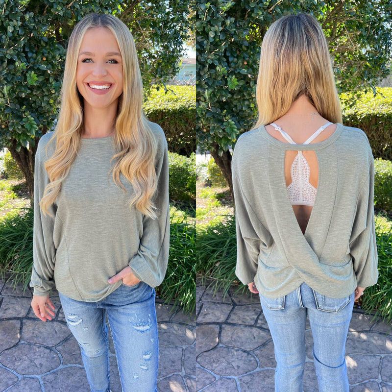 Olive Long Sleeve Knit Open Back Top