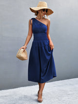 One Shoulder Smocked Waist Midi Dress | 3 Colors