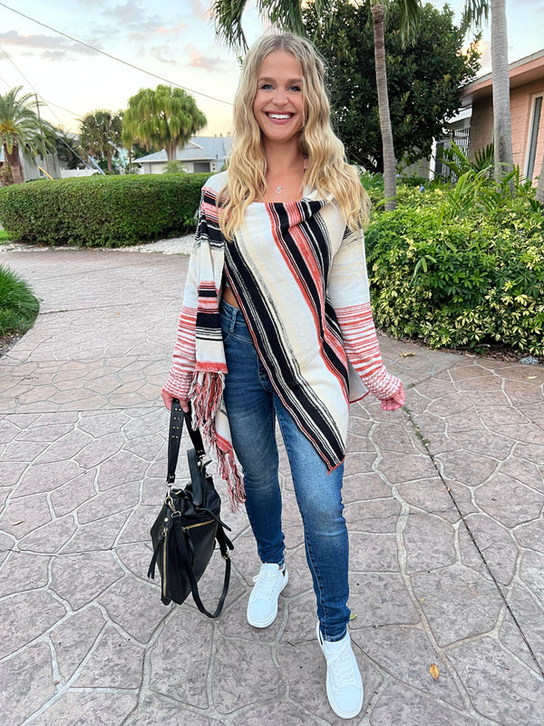 Striped Fringe Multi-Functional Cardigan