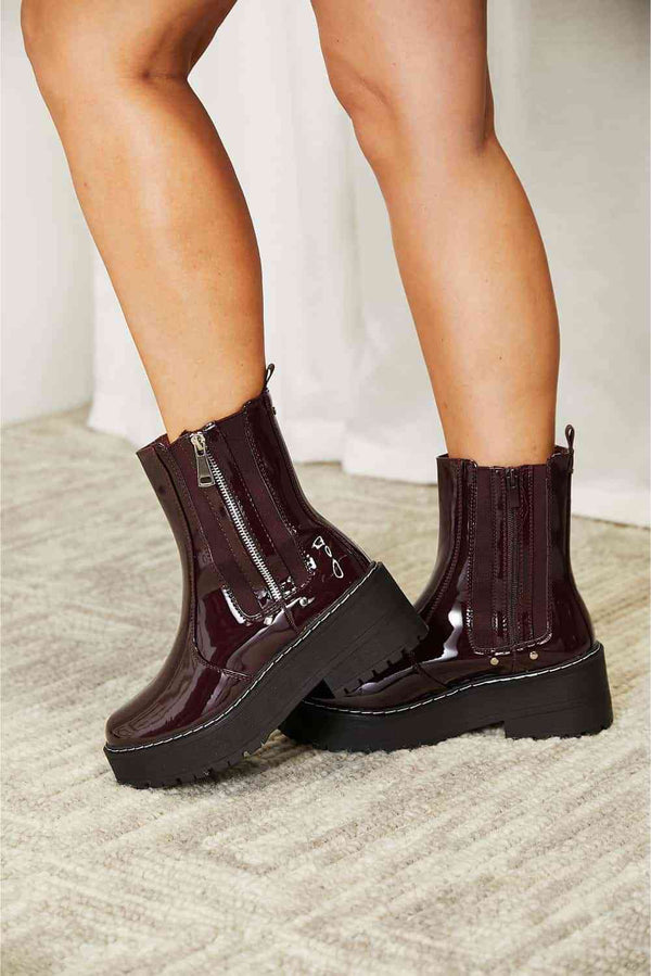 Street Glide Vegan Leather Low Platform Boots in Wine