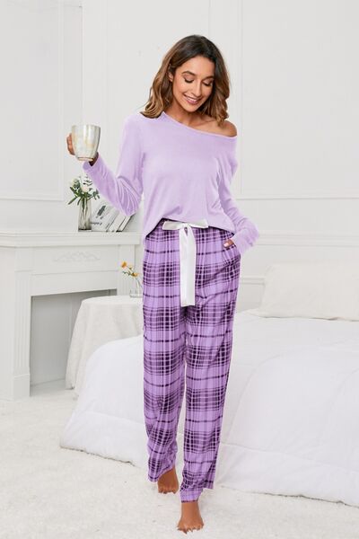 Sabrina Neckline Top and Bow Plaid Pocket Pants PJ Set