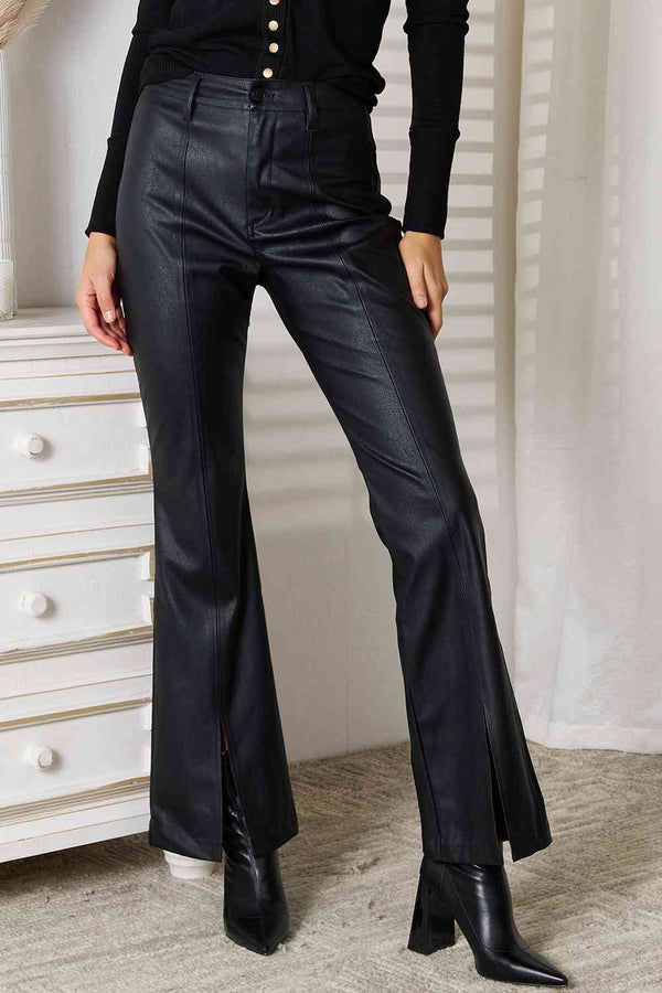 Kancan Vegan Leather Slit Flare Pants