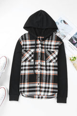 Plaid Contrast Drawstring Button Front Hoodie