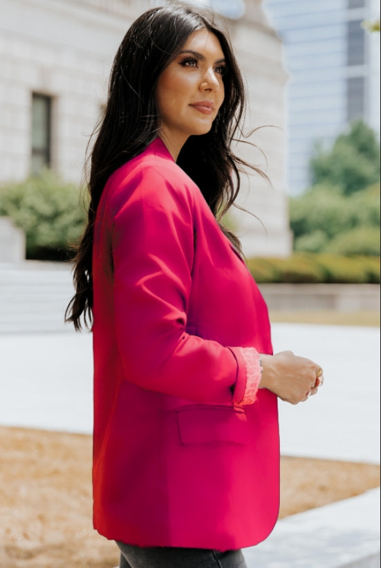 Rich Pink Leopard Lining One-Button Lapel Collar Blazer