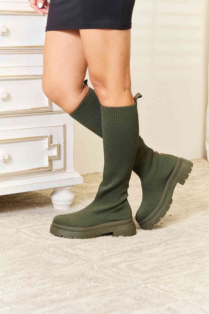 Hillside Green Knee-High Knit Boots