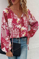 Pink Mix Boho Buttoned Tie-Neck Blouse