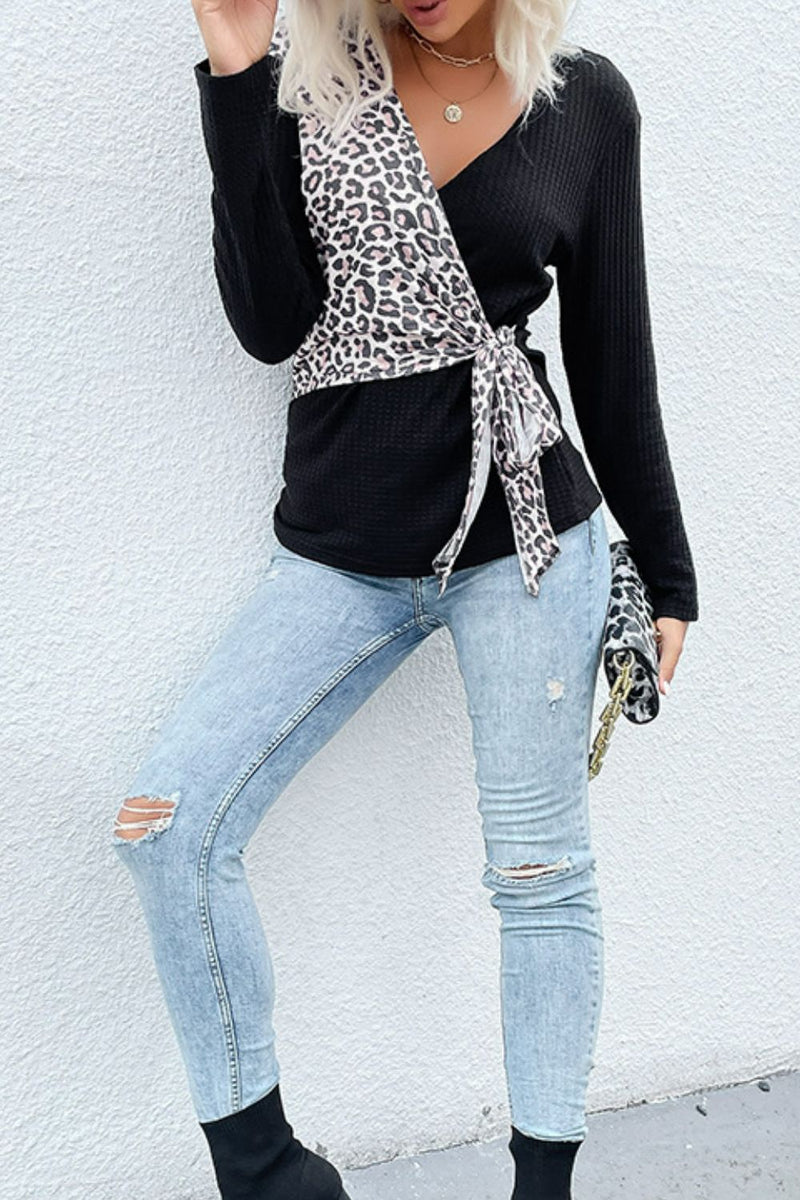 Leopard Waffle-Knit Tied Contrast Top