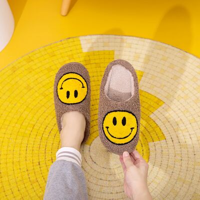 Smiley Face Slippers - Khaki/Yellow