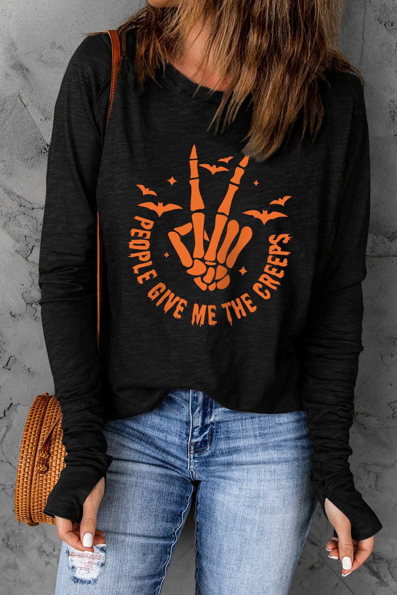 Skeleton Peace Long Sleeve Thumbhole Graphic Top