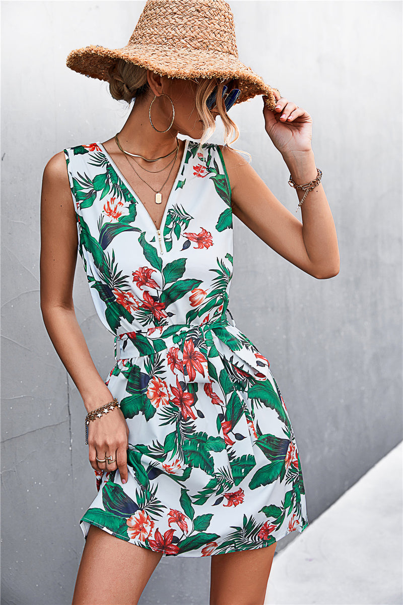 In the Tropics Printed Zip Up Sleeveless Dress | 6 Colors