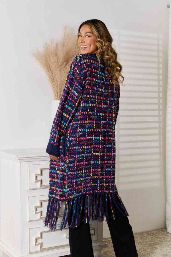 Boho Multicolor Fringe Hem Longline Cardigan - Pocketed Navy