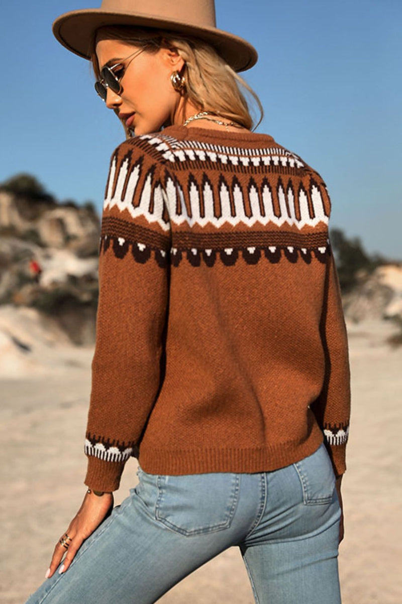 Sweet Caramel Boho Patterned Round Neck Sweater