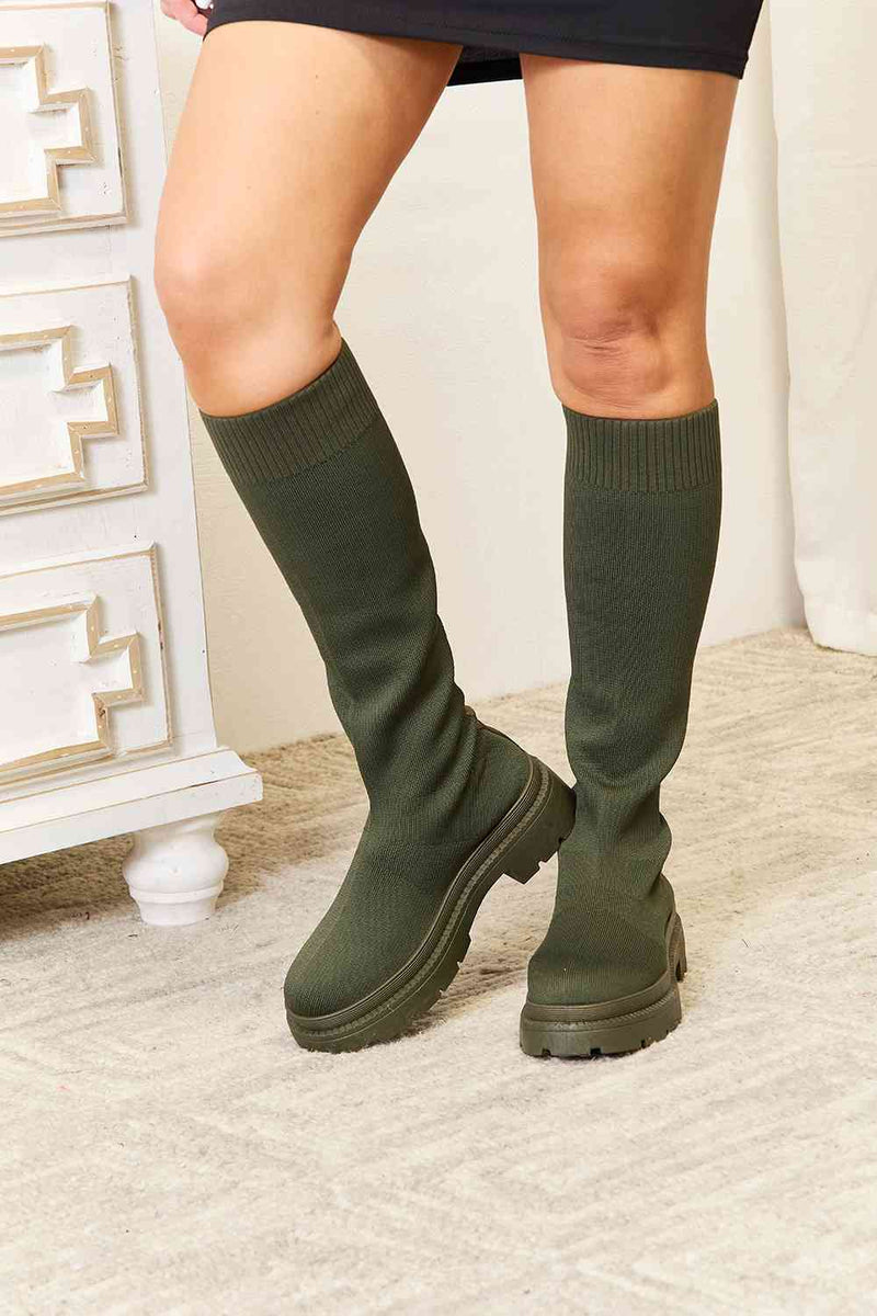 Hillside Green Knee-High Knit Boots