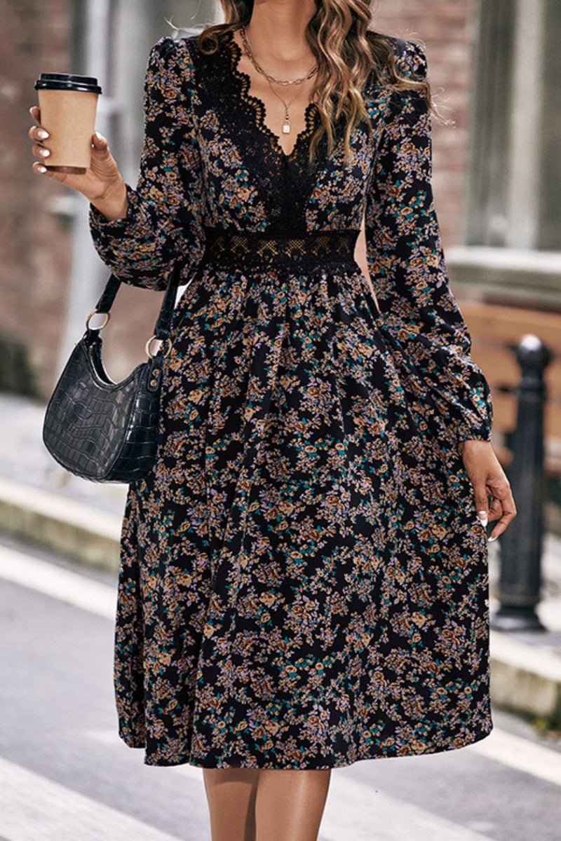 Felicity Floral Lace Trim Long Sleeve Dress