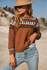 Sweet Caramel Boho Patterned Round Neck Sweater