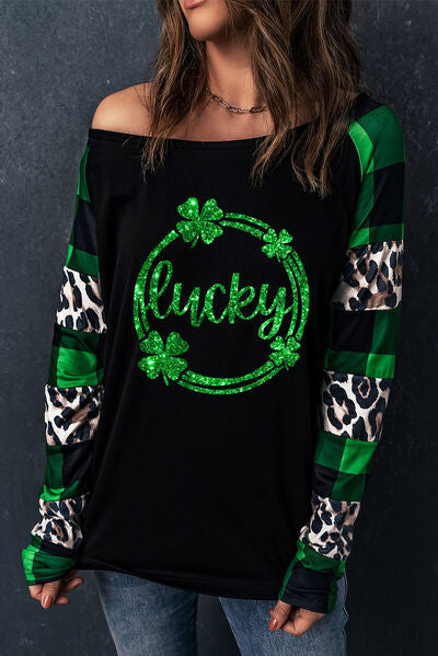 LUCKY Plaid Mixed Clover Graphic Top