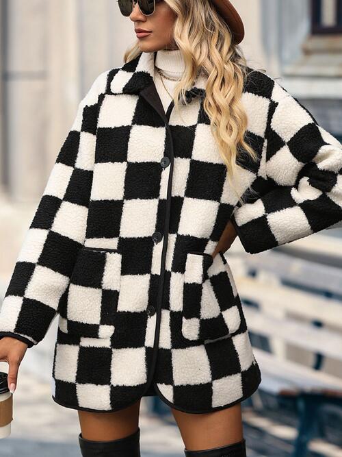 Trendy Checkered Button Down Pocketed Coat