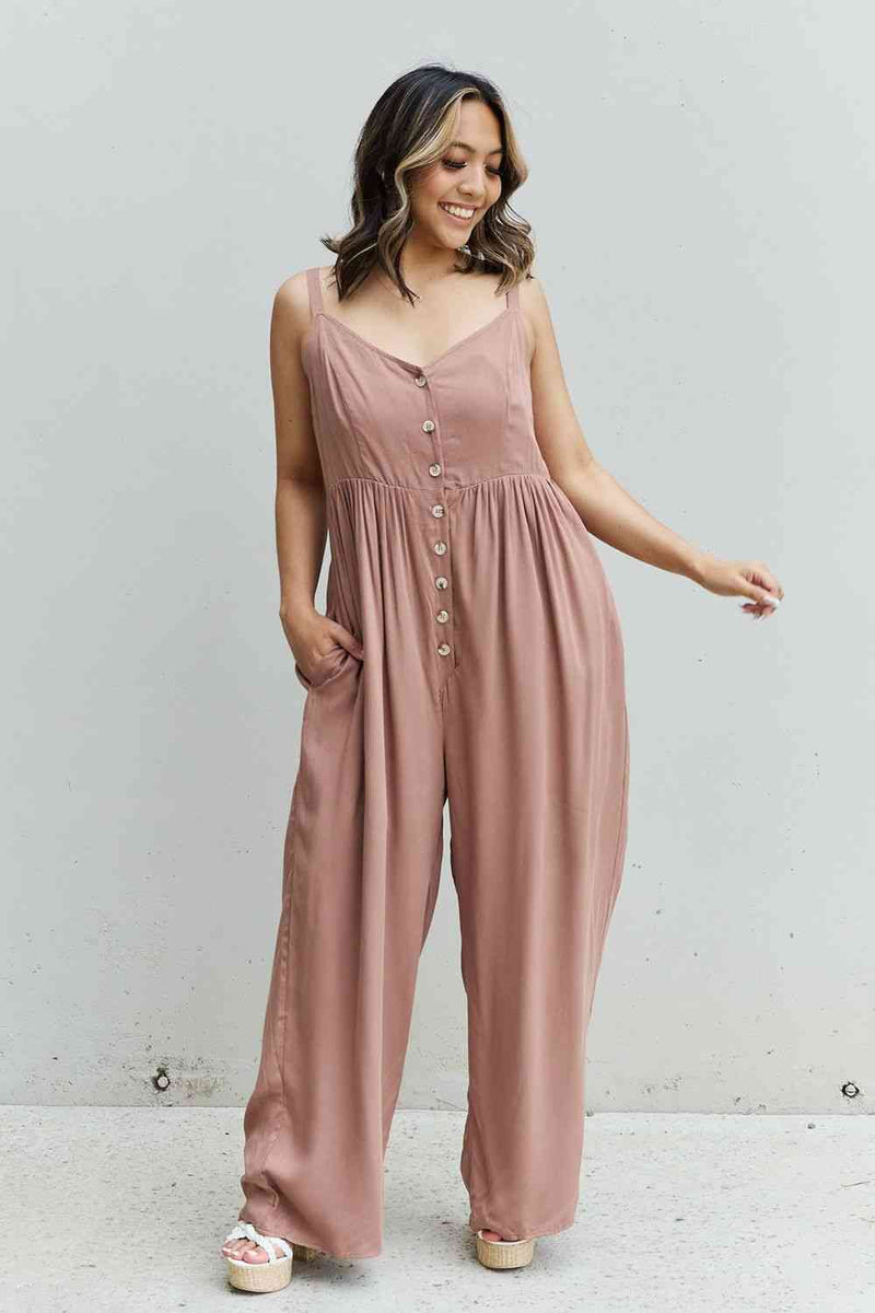 HEYSON All Day Full Size Wide Leg Button Down Jumpsuit in Mocha