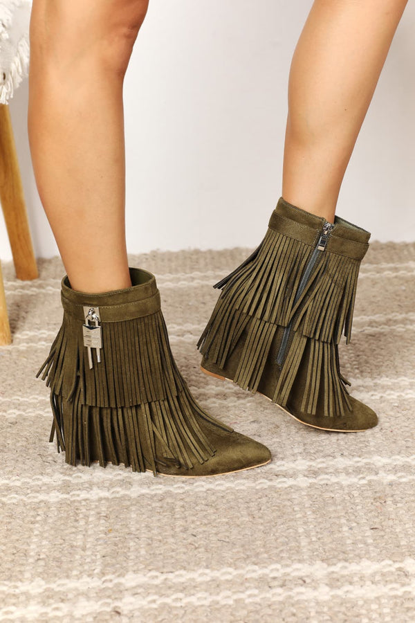 Tassel Wedge Heel Ankle Booties in Olive