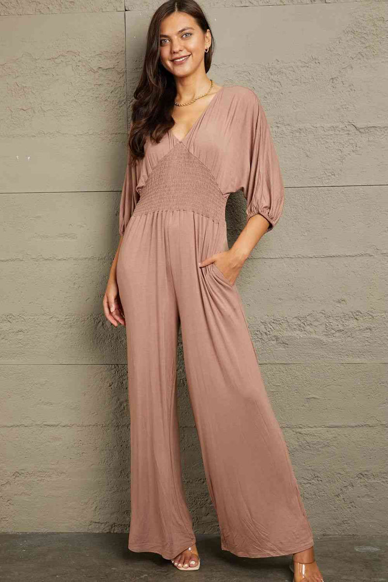 Boho Smocked Waist Pocket Jumpsuit