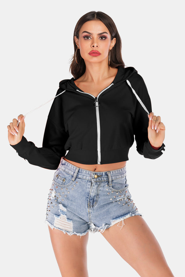 2 Colors | Side Stripe Drawstring Cropped Hooded Jacket