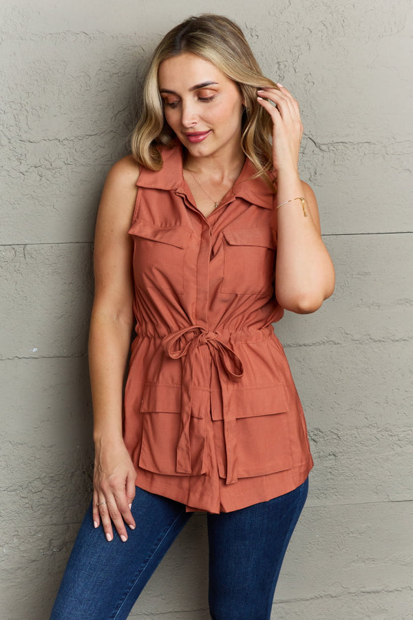 SALE! Utility Drawstring Collared Button Down Top