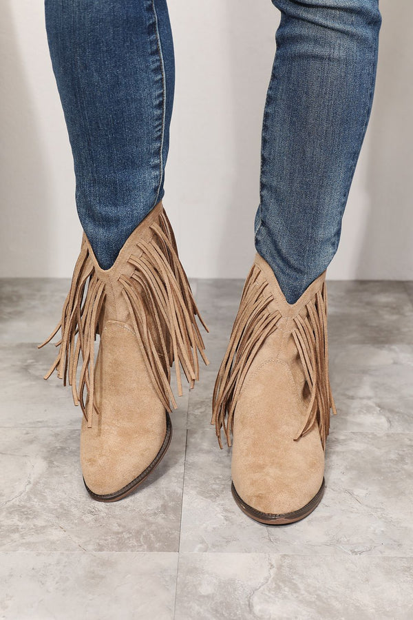 Fringe Cowboy Western Ankle Boots in Tan