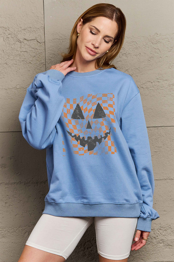 Misty Blue Halloween Soft Dropped Shoulder Graphic Sweatshirt