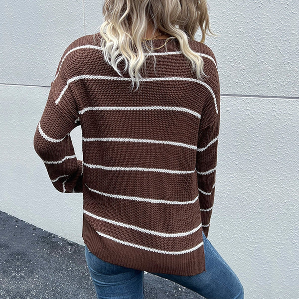 Latte Striped V-Neck Dropped Shoulder Sweater