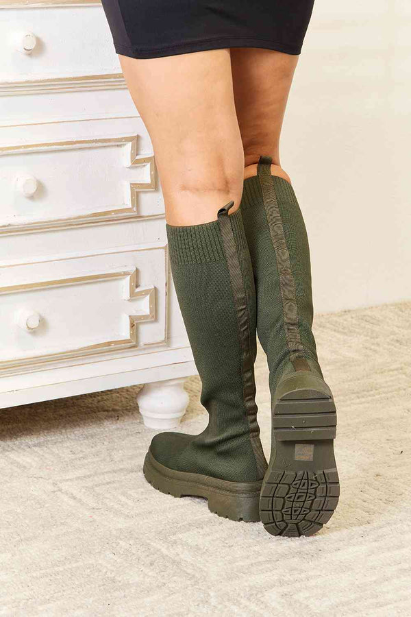 Hillside Green Knee-High Knit Boots