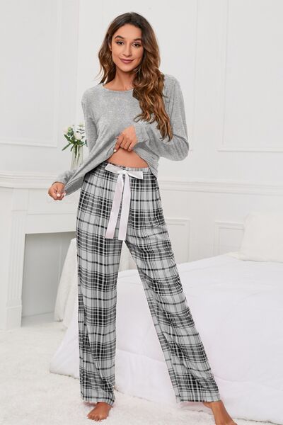 Sabrina Neckline Top and Bow Plaid Pocket Pants PJ Set