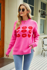 5 Colors | Lip Graphic Slit Dropped Shoulder Sweater