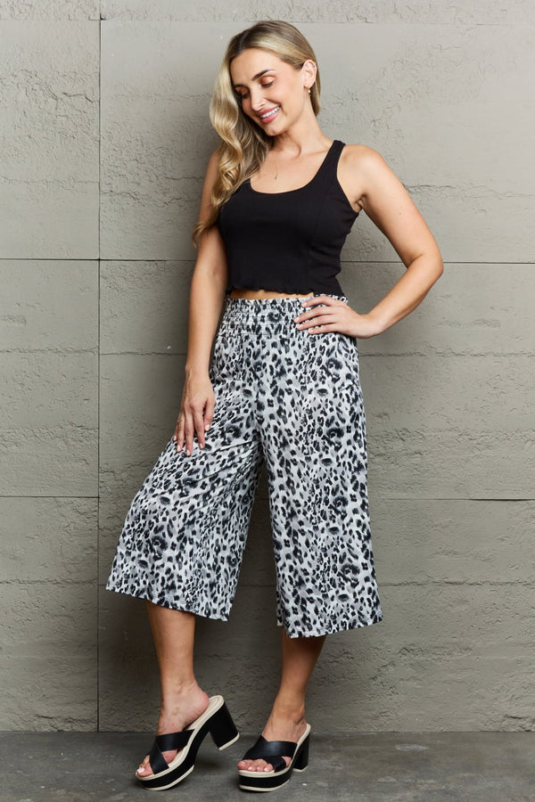 SALE! Snow Leopard Smocked Waist Cropped Wide Leg Pants