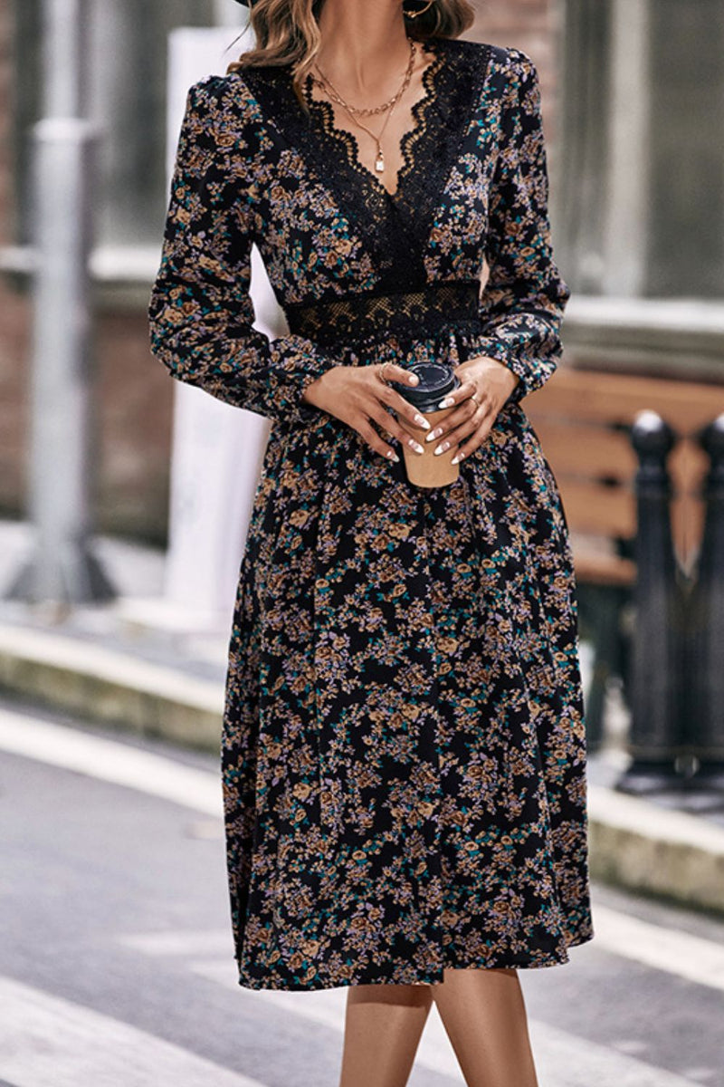 Felicity Floral Lace Trim Long Sleeve Dress