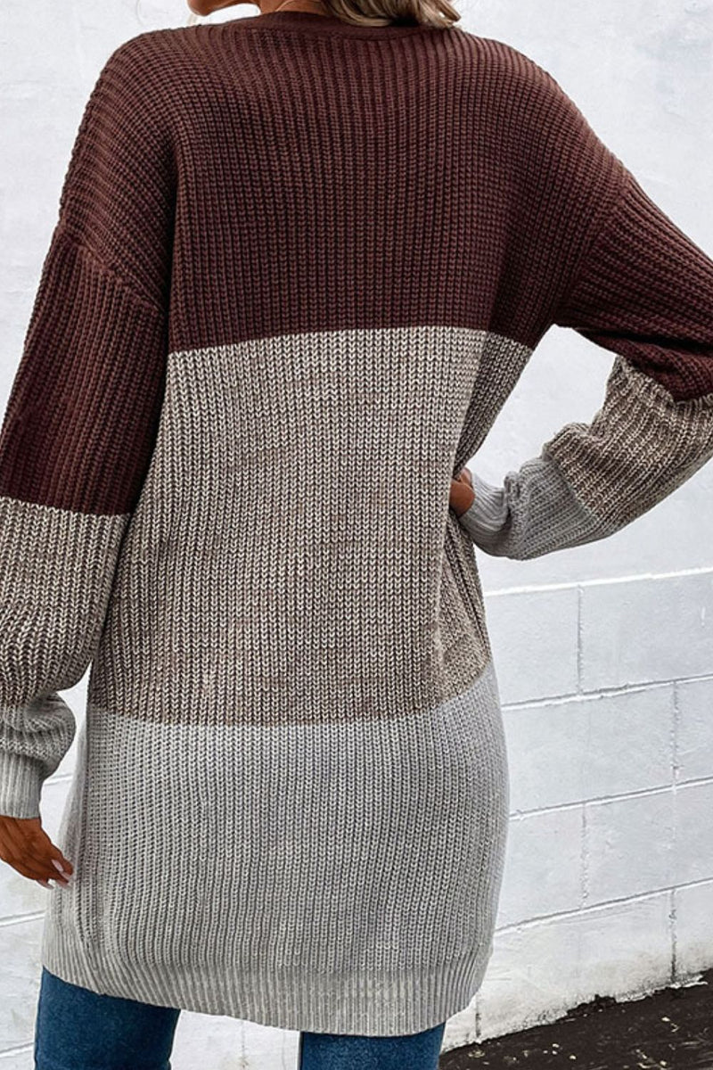 Cozy Color Block Rib-Knit Longline Cardigan