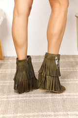 Tassel Wedge Heel Ankle Booties in Olive