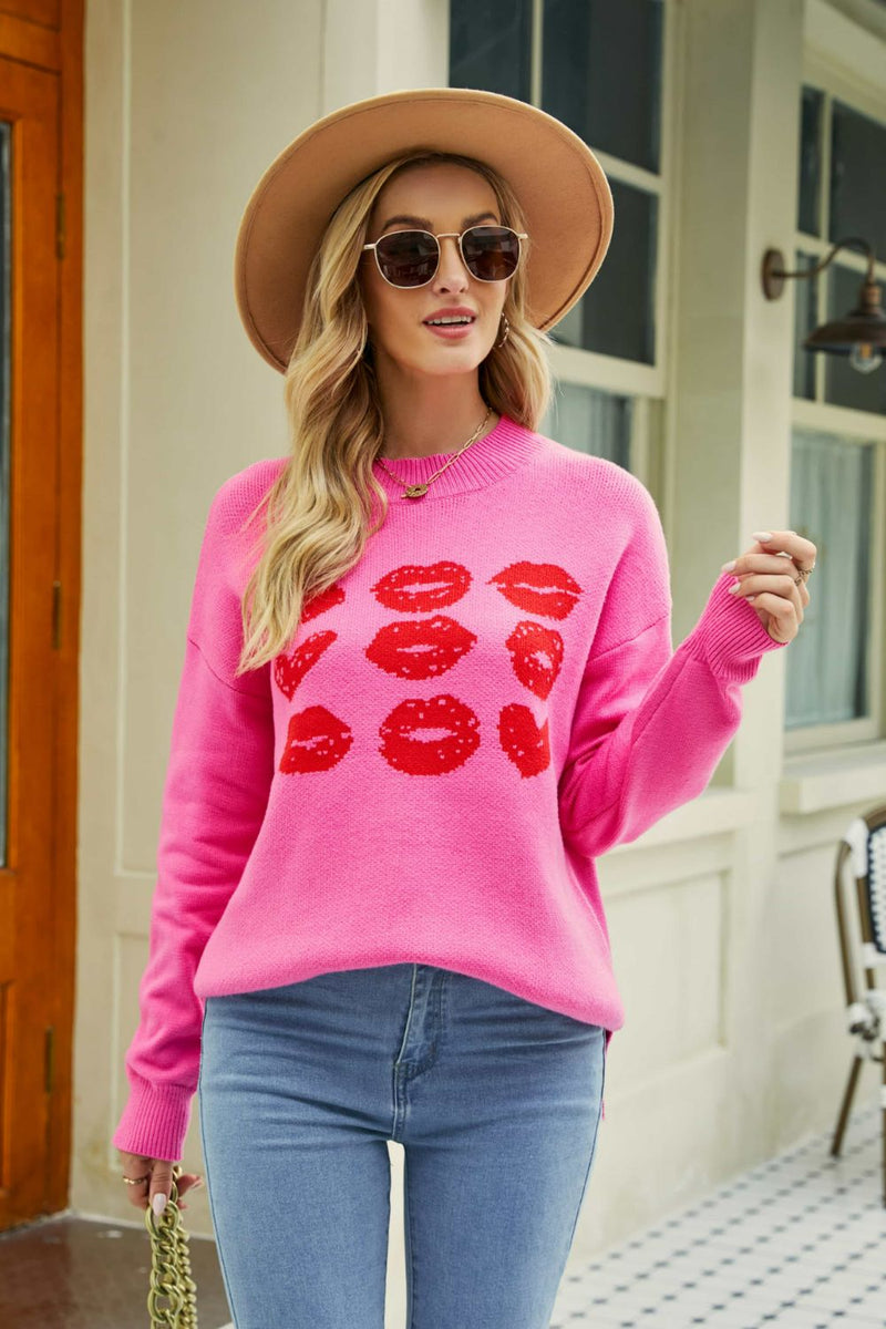 5 Colors | Lip Graphic Slit Dropped Shoulder Sweater