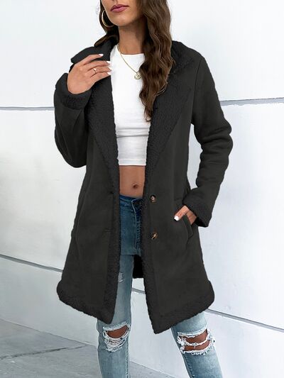 Sherpa Lined Plush Lapel Collar Pocketed Coat