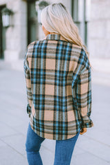 Pop of Teal Plaid Curved Hem Shirt Jacket